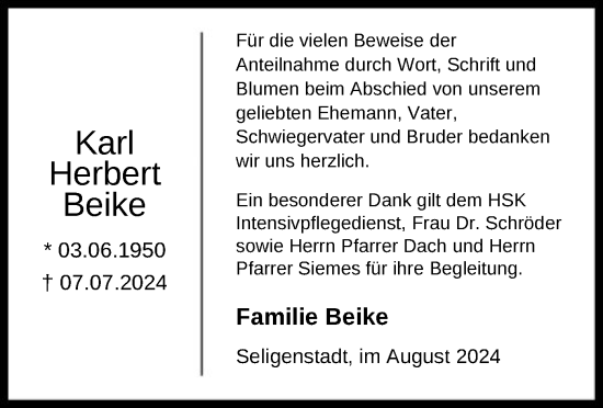 Traueranzeige von Karl Herbert Beike von OF