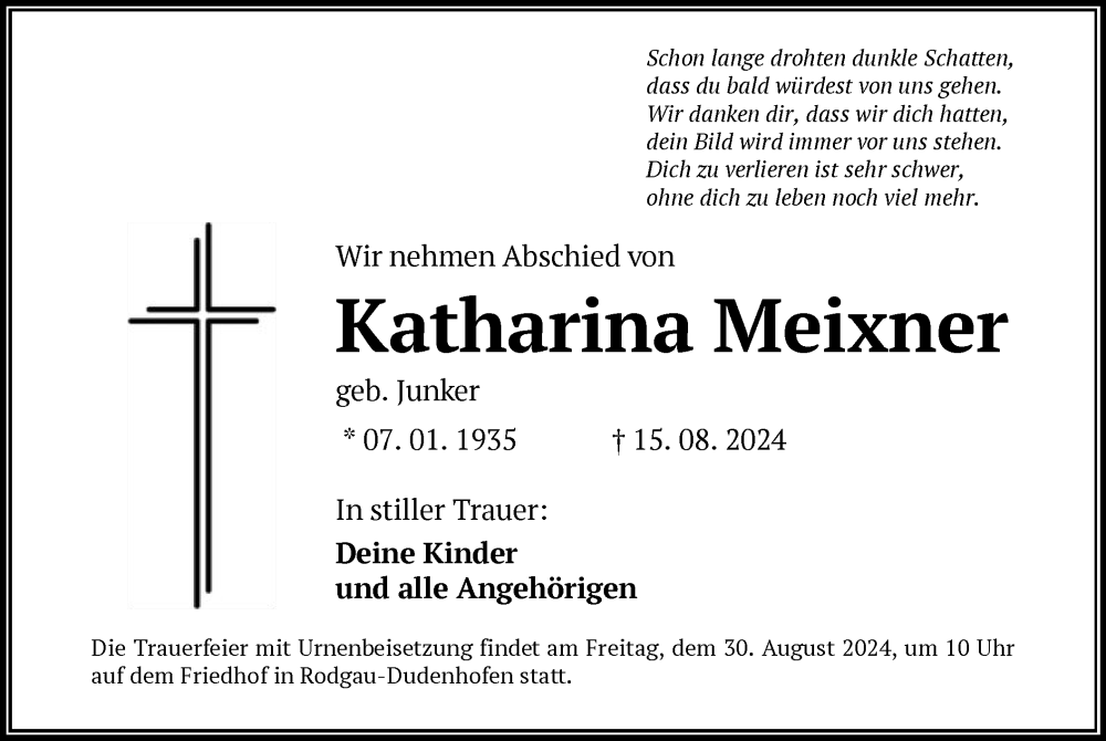  Traueranzeige für Katharina Meixner vom 24.08.2024 aus OF