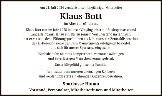 Traueranzeige von Klaus Bott von OF