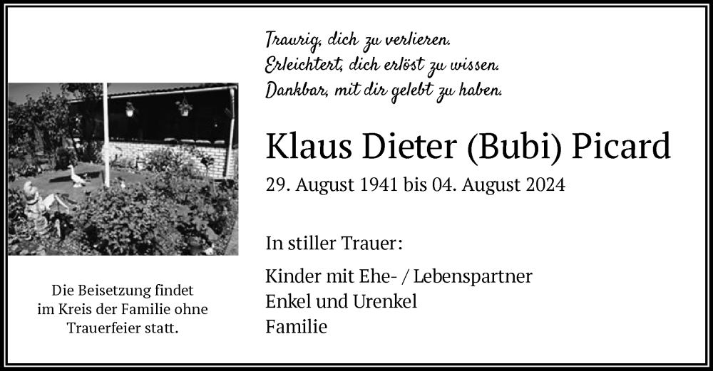  Traueranzeige für Klaus Dieter Picard vom 10.08.2024 aus OF