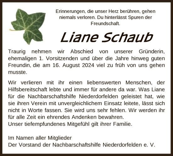 Traueranzeige von Liane Schaub von OF