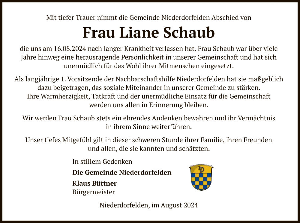  Traueranzeige für Liane Schaub vom 31.08.2024 aus OF