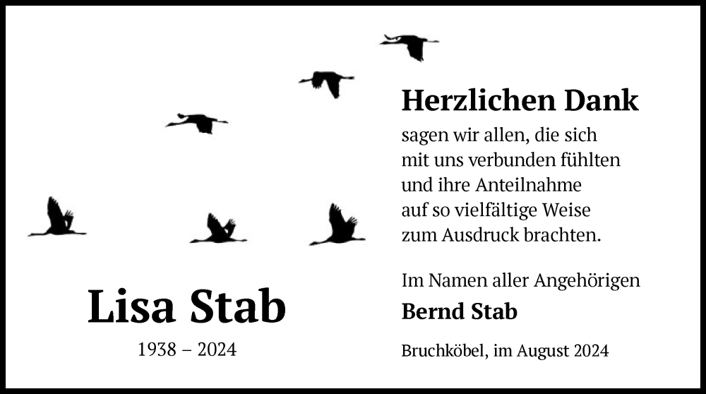  Traueranzeige für Lisa Stab vom 03.08.2024 aus OF