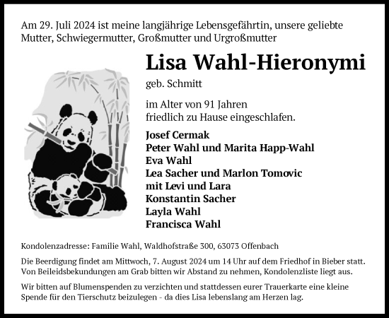 Traueranzeige von Lisa Wahl-Hieronymi von OF