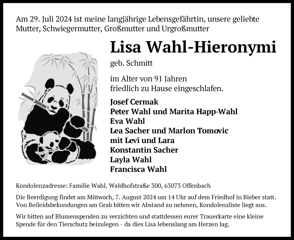  Traueranzeige für Lisa Wahl-Hieronymi vom 03.08.2024 aus OF