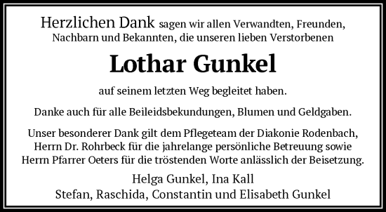 Traueranzeige von Lothar Gunkel von OF