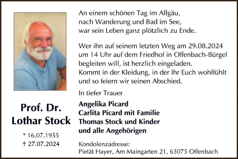 Traueranzeige für Lothar Stock vom 24.08.2024 aus OF