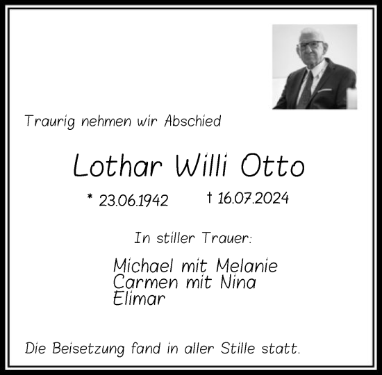 Traueranzeige von Lothar Willi Otto von OF