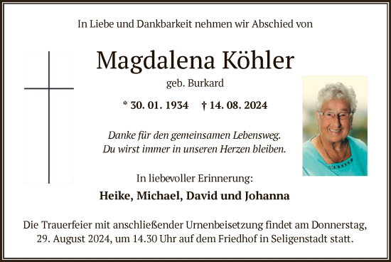 Traueranzeige von Magdalena Köhler von OF