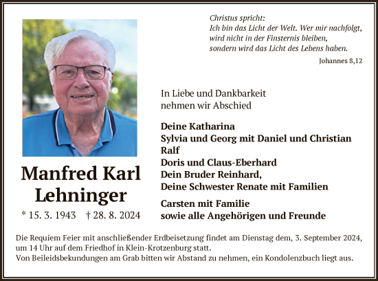 Traueranzeige von Manfred Karl Lehninger von OF