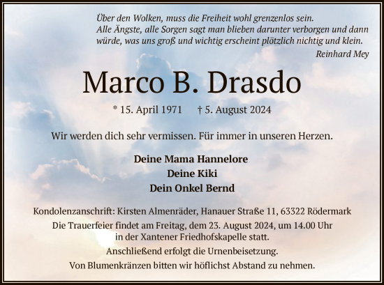 Traueranzeige von Marco B. Drasdo von OF
