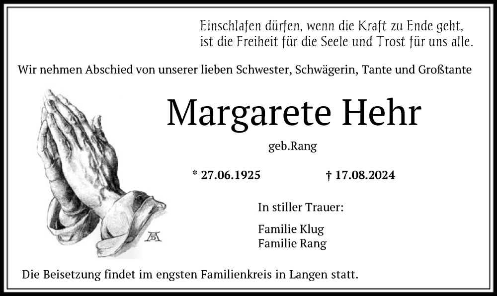  Traueranzeige für Margarete Hehr vom 31.08.2024 aus OF
