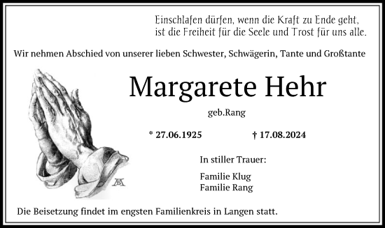 Traueranzeige von Margarete Hehr von OF