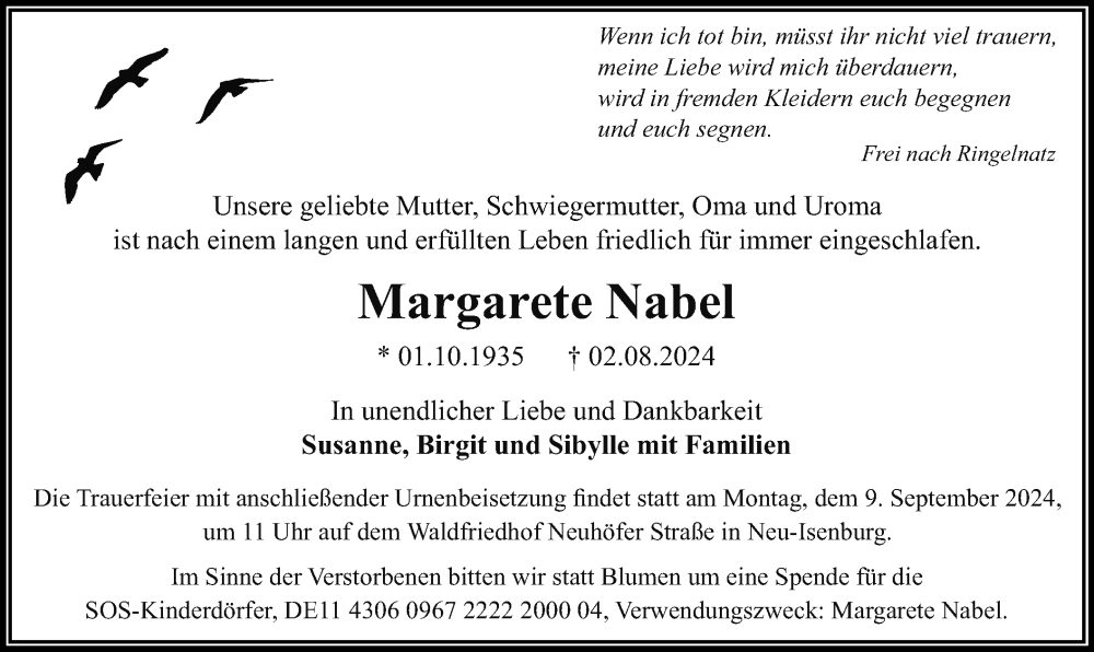  Traueranzeige für Margarete Nabel vom 10.08.2024 aus OF