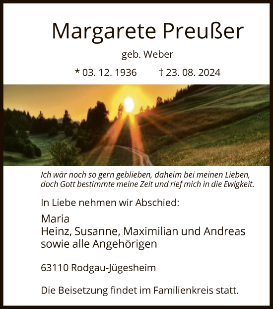 Traueranzeige von Margarete Preußer von OF