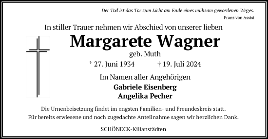 Traueranzeige von Margarete Wagner von OF