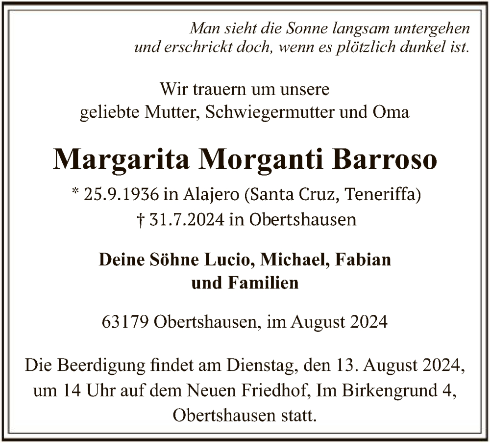  Traueranzeige für Margarita Morganti Barroso vom 10.08.2024 aus OF