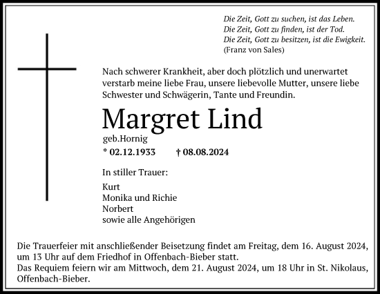 Traueranzeige von Margret Lind von OF