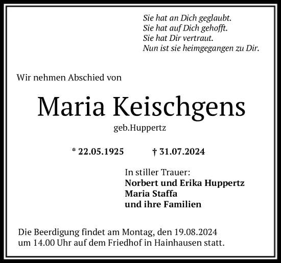 Traueranzeige von Maria Keischgens von OF