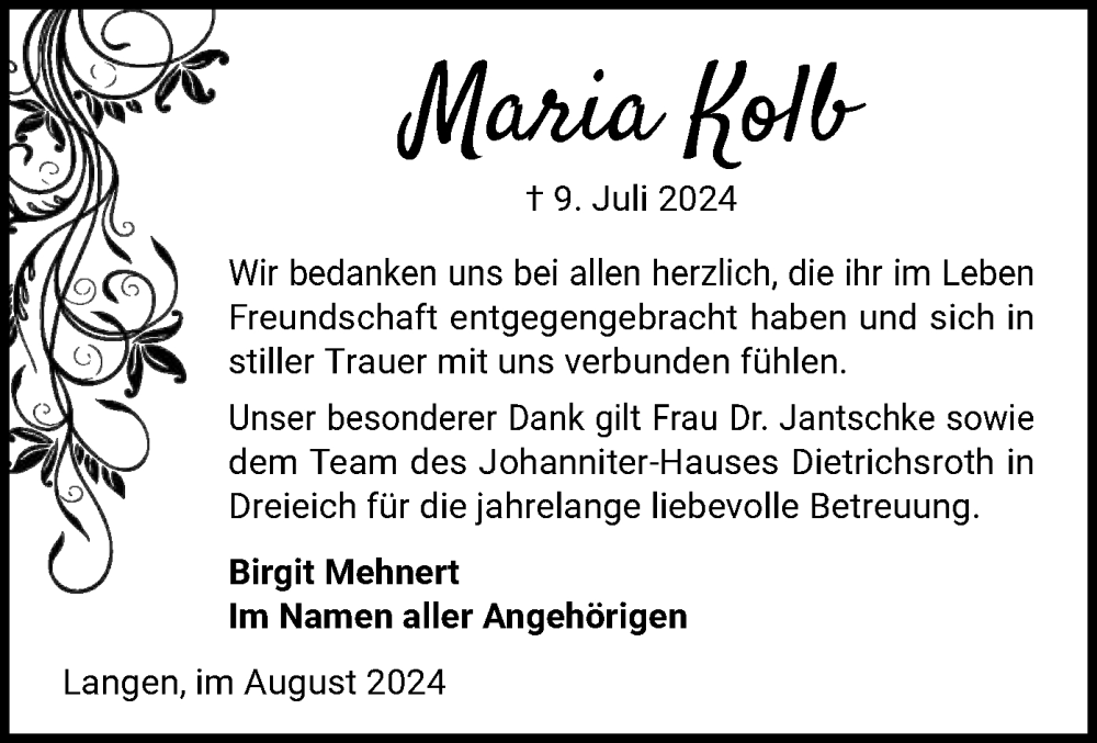  Traueranzeige für Maria Kolb vom 17.08.2024 aus OF