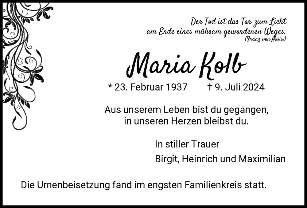  Traueranzeige für Maria Kolb vom 03.08.2024 aus OF