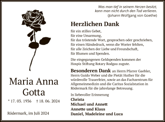 Traueranzeige von Maria Anna Gotta von OF