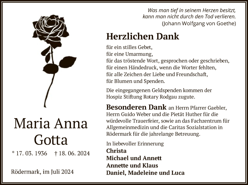  Traueranzeige für Maria Anna Gotta vom 17.08.2024 aus OF