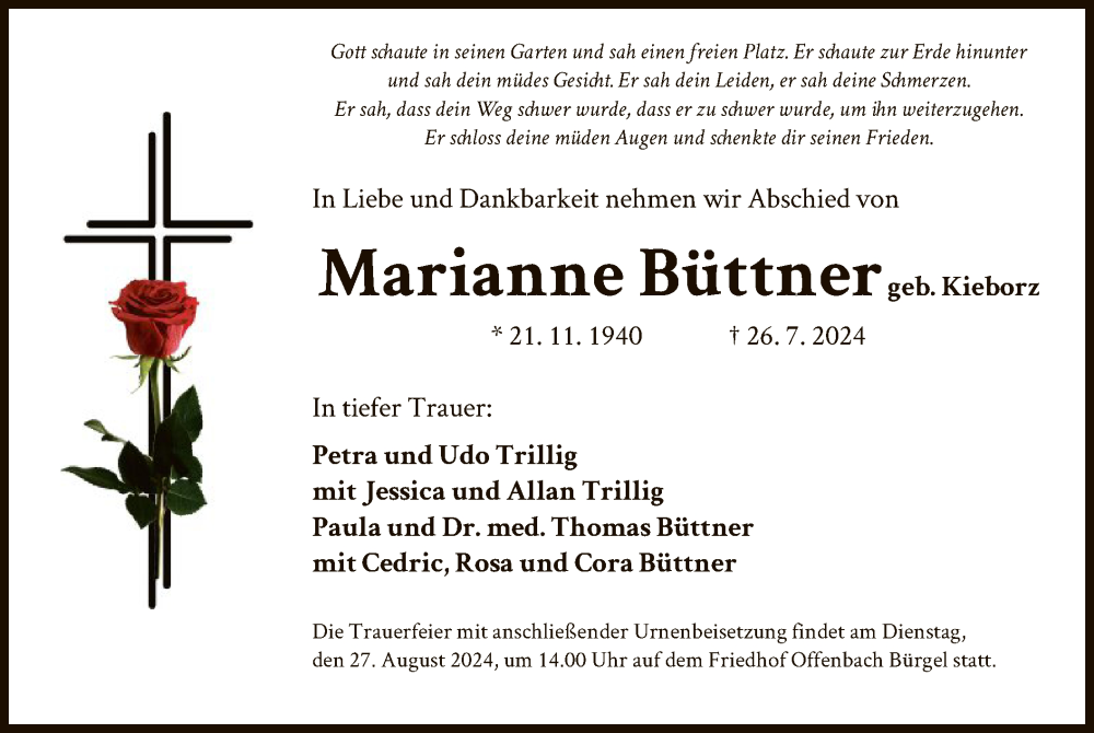  Traueranzeige für Marianne Büttner vom 24.08.2024 aus OF