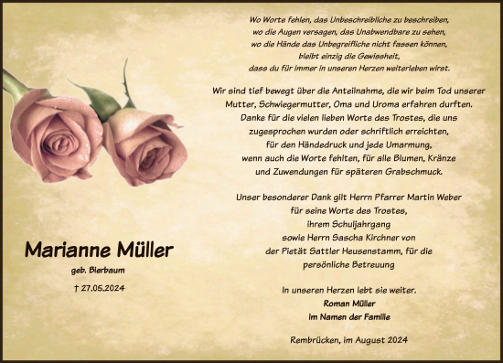 Traueranzeige von Marianne Müller von OF