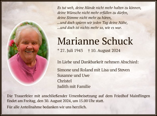 Traueranzeige von Marianne Schuck von OF