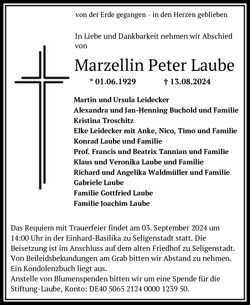  Traueranzeige für Marzellin Peter Laube vom 31.08.2024 aus OF