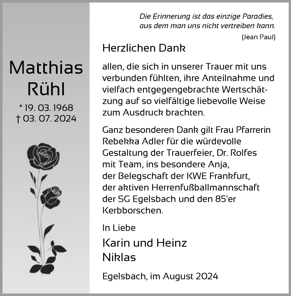  Traueranzeige für Matthias Rühl vom 10.08.2024 aus OF