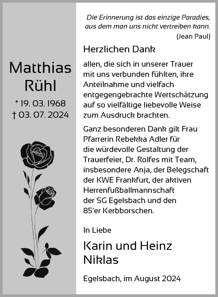  Traueranzeige für Matthias Rühl vom 17.08.2024 aus OF
