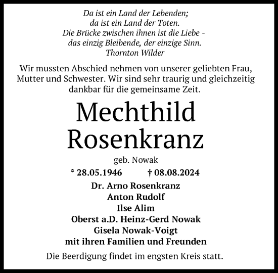 Traueranzeige von Mechthild Rosenkranz von OF
