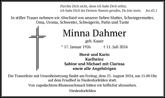 Traueranzeige von Minna Dahmer von OF