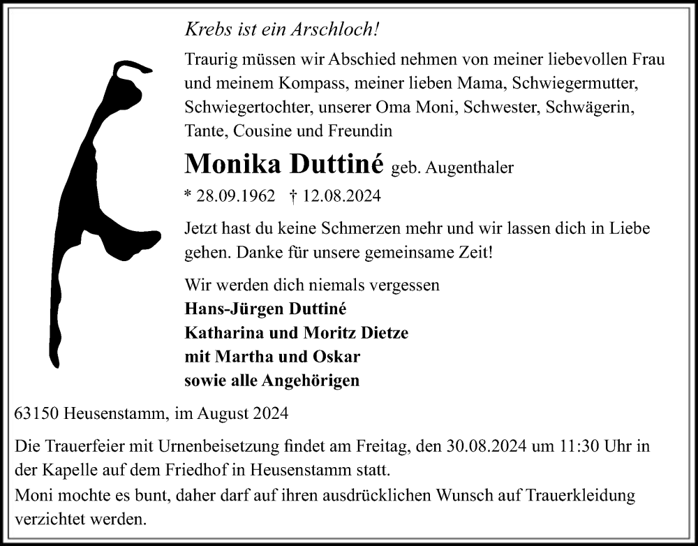  Traueranzeige für Monika Duttiné vom 24.08.2024 aus OF