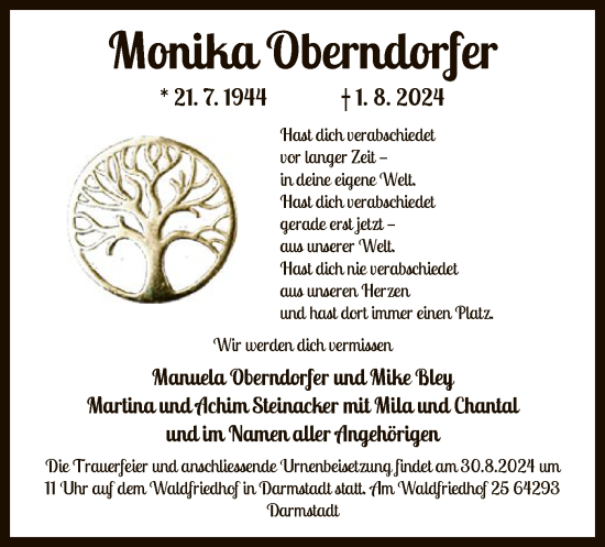 Traueranzeige von Monika Oberndorfer von OF