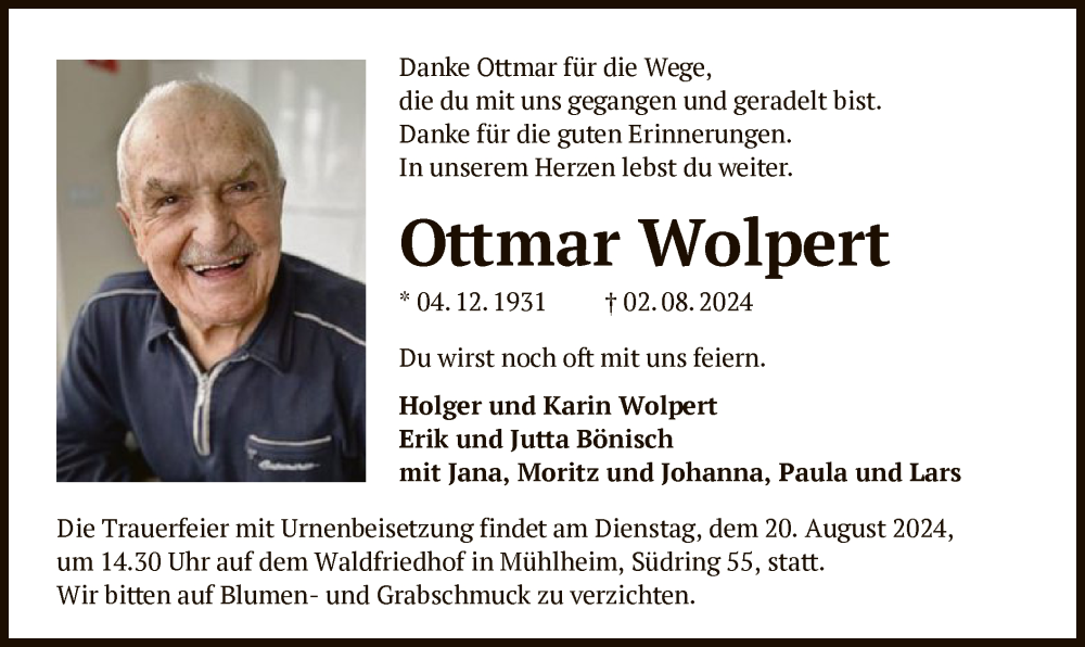  Traueranzeige für Ottmar Wolpert vom 17.08.2024 aus OF