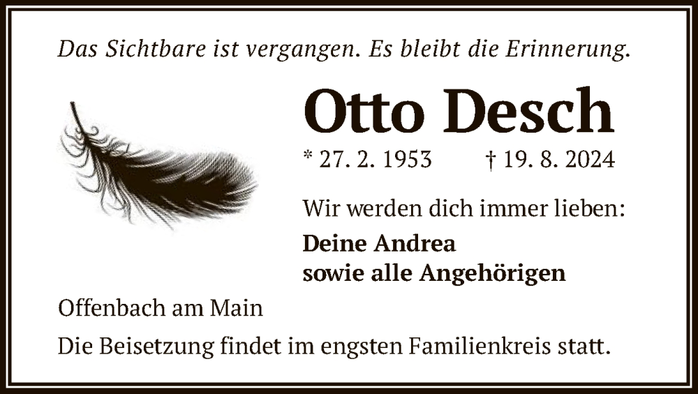  Traueranzeige für Otto Desch vom 31.08.2024 aus OF
