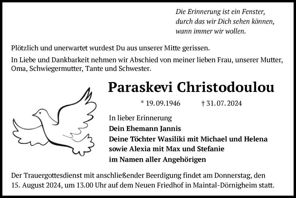  Traueranzeige für Paraskevi Christodoulou vom 10.08.2024 aus OF