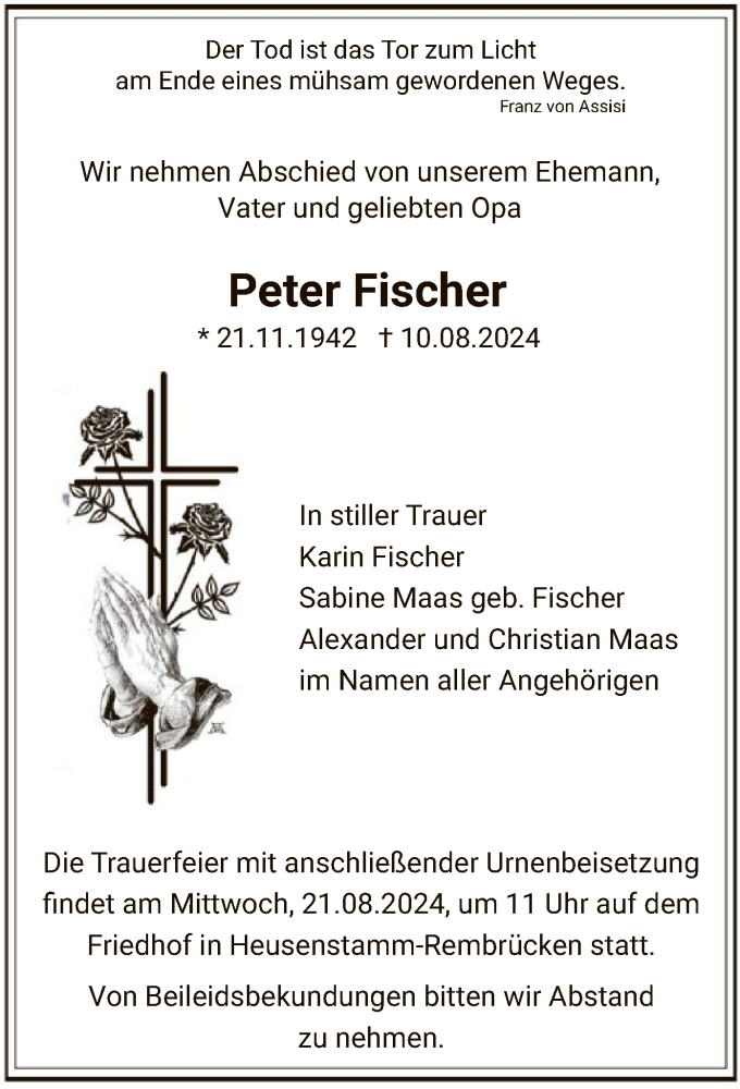  Traueranzeige für Peter Fischer vom 17.08.2024 aus OF