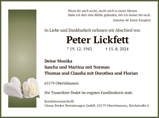 Traueranzeige von Peter Lickfett von OF