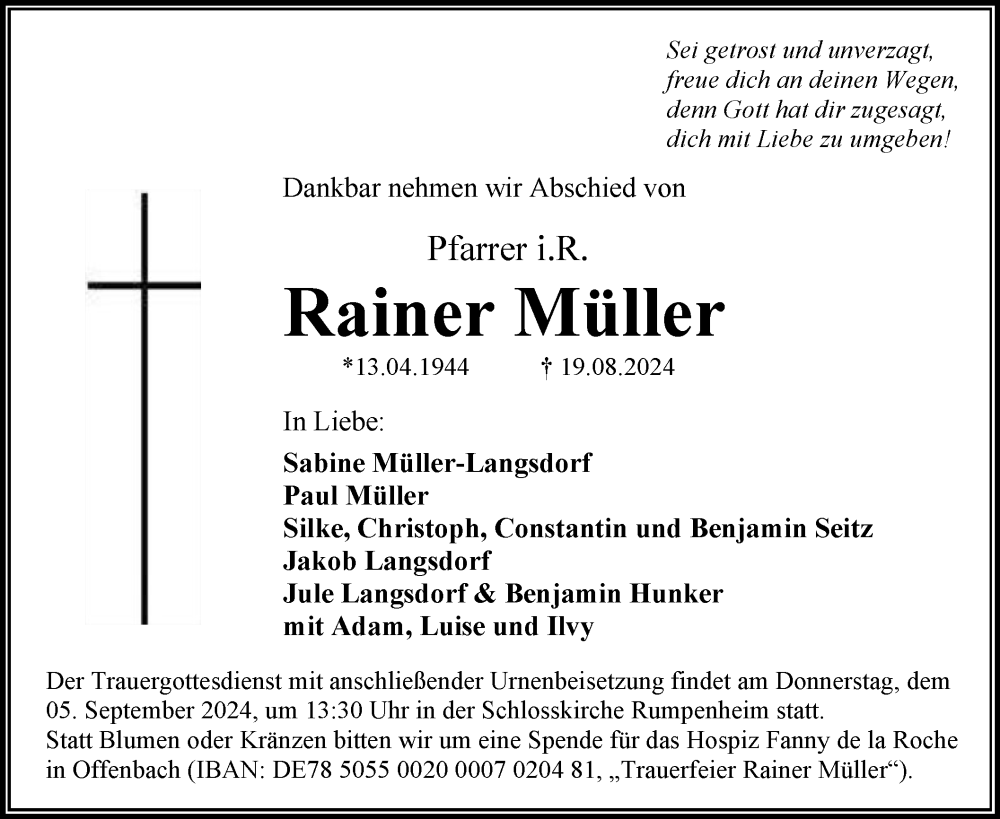  Traueranzeige für Rainer Müller vom 31.08.2024 aus OF