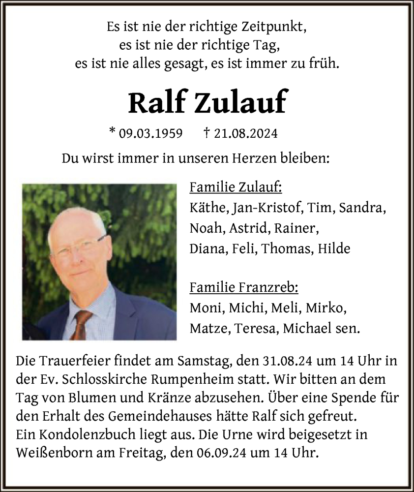  Traueranzeige für Ralf Zulauf vom 29.08.2024 aus OF