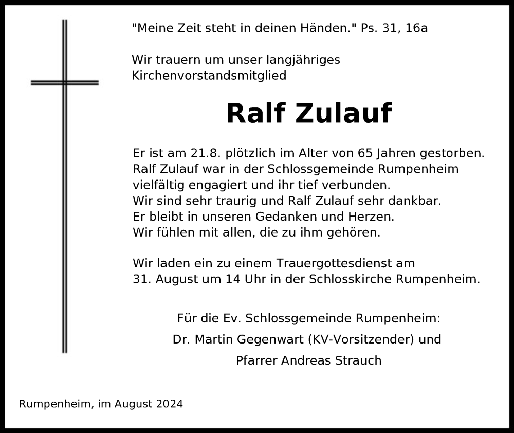  Traueranzeige für Ralf Zulauf vom 31.08.2024 aus OFOF