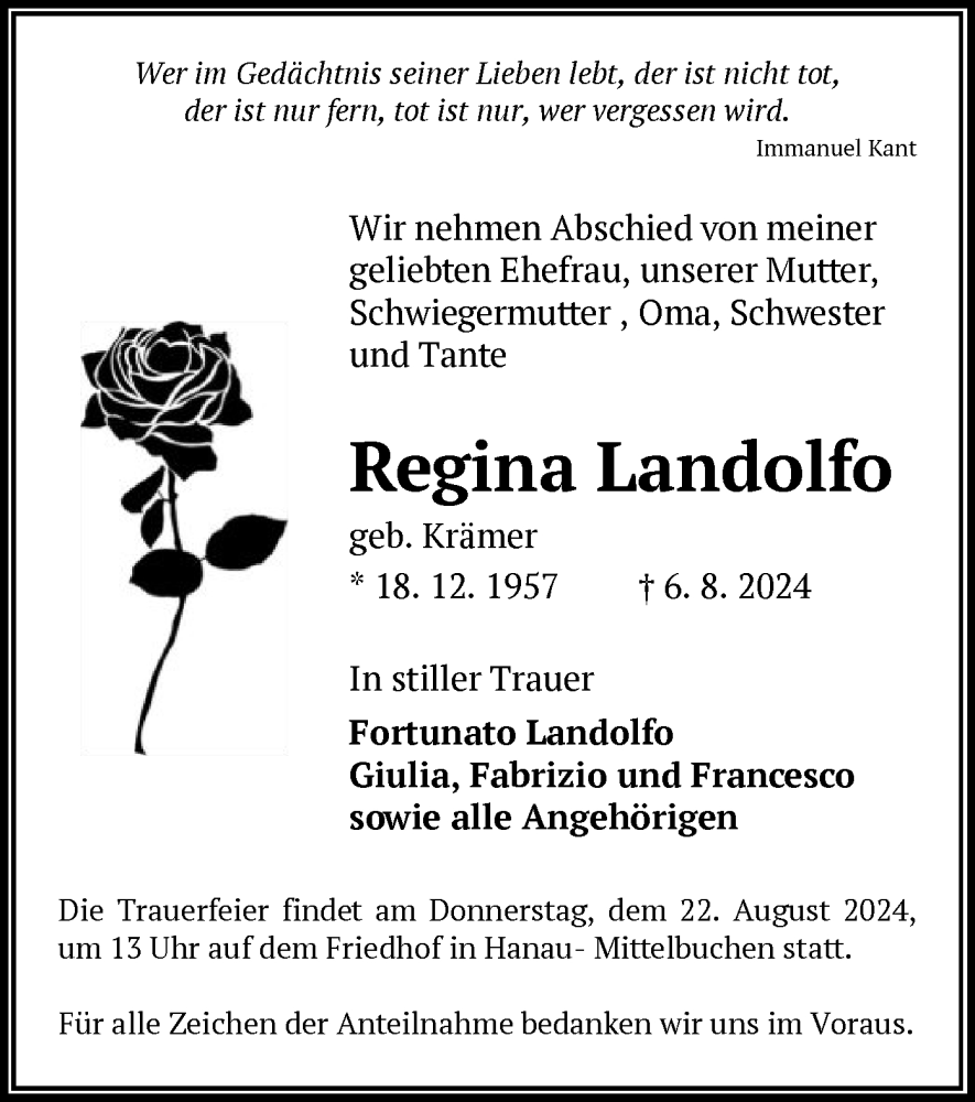  Traueranzeige für Regina Landolfo vom 17.08.2024 aus OF