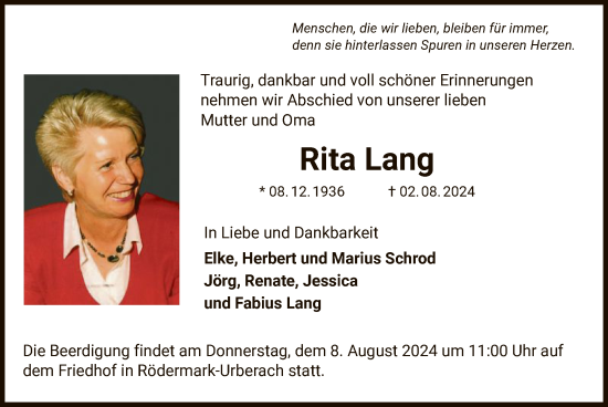 Traueranzeige von Rita Lang von OF