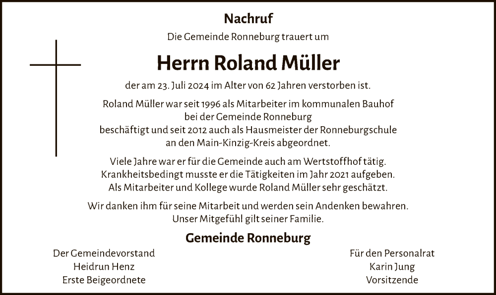  Traueranzeige für Roland Müller vom 17.08.2024 aus OF