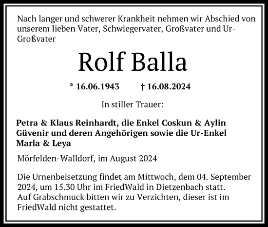 Traueranzeige von Rolf Balla von OF