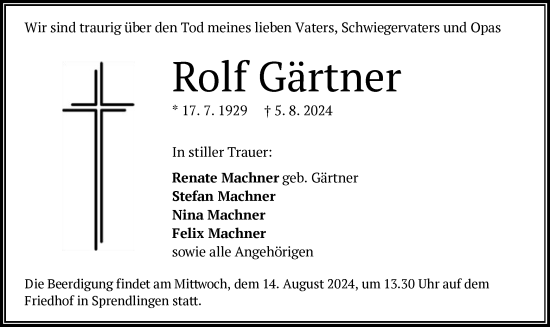 Traueranzeige von Rolf Gärtner von OF
